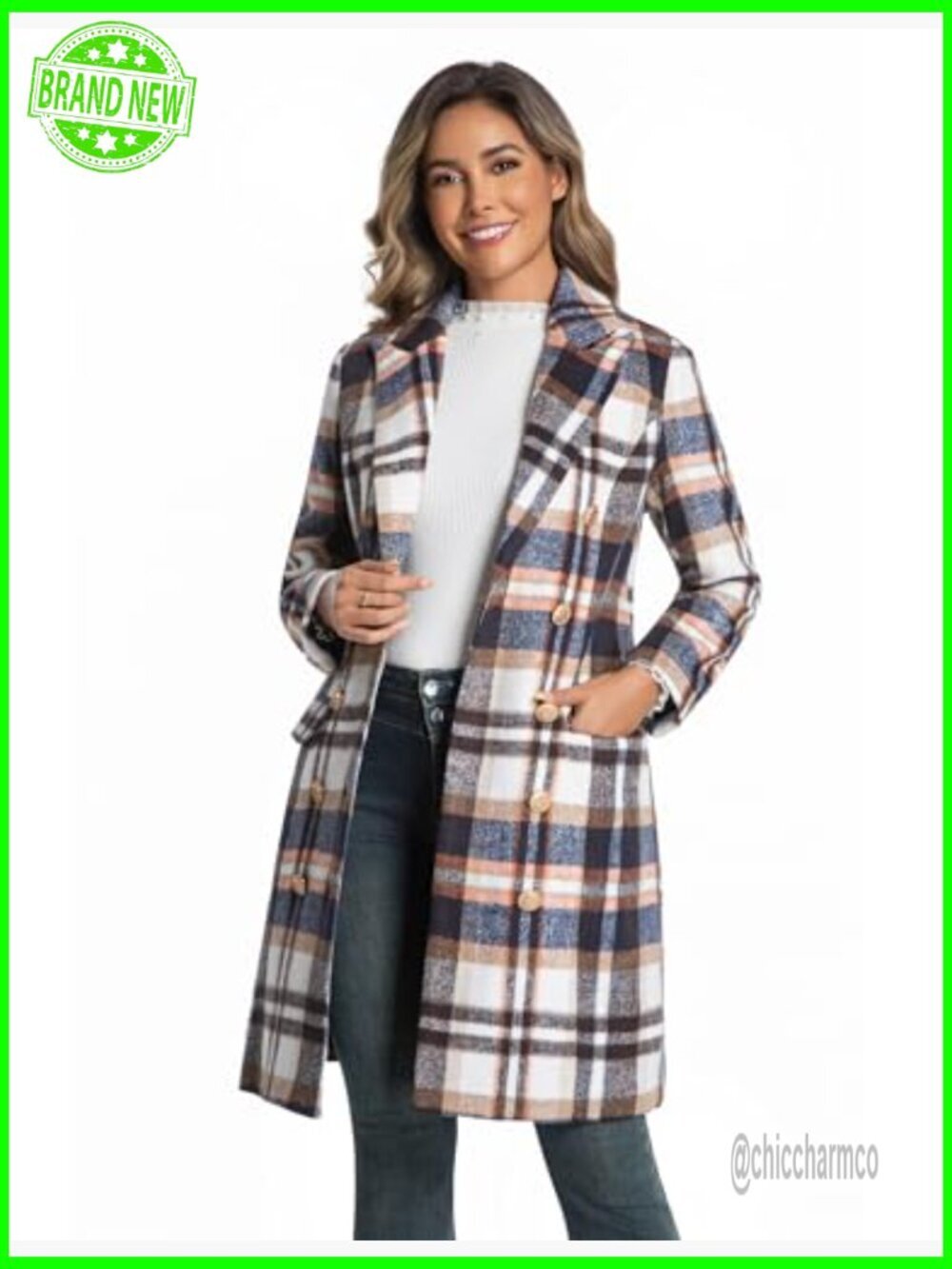 Long Plaid Wool Double Breasted Peacoat Notch Lapel Trench Fall Winter - Picture 3 of 5